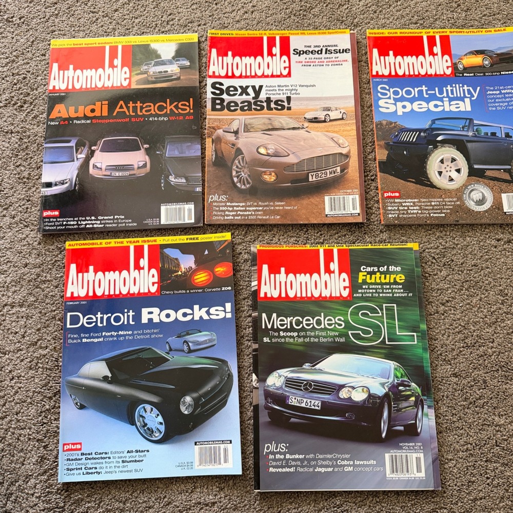 Vintage 2001 Automobile Magazine Lot of 5 Audi Corvette Porsche Mercedes Aston